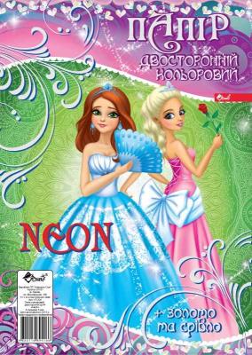 Кольоровий папір Neon, двосторонній, А4, 8 кольорів, 8 аркушів, золото+срібло, мікс (330/350/445)