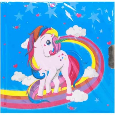 Блокнот детский на замочке Единорог с радугой голубой