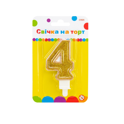 Свічка для торту золотиста двостороння з блискітками "4", висота 7,62 см