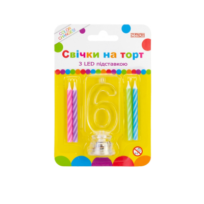 Набір: 4 свічки на торт з LED підставкою "6", що світиться (1)