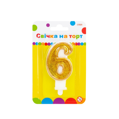 Свічка для торту  золотиста двостороння з блискітками "6", висота 7,62 см