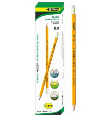 Олівець граф., пластик.,  HB, жовт. корп., з ластиком, 4-111, 4OFFICE(12/144/2880)