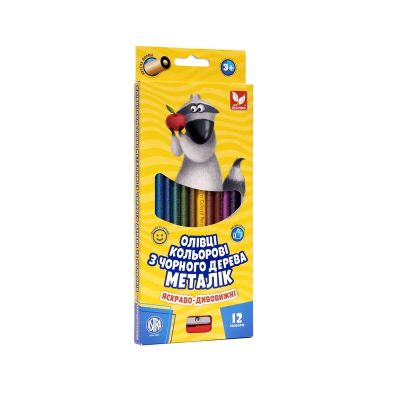 Олівці кольорові круглі з чорного дерева Металік+ чинка  12 кольорів, 312114002-ua