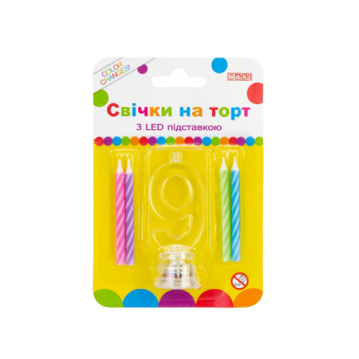 Набір: 4 свічки на торт з LED підставкою "9", що світиться (1)