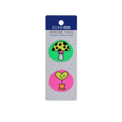 Закладки з клейким шаром 35х40 мм Economix Fun heart and mushroom, 40 шт., пластикові, асорті, Е20969-01