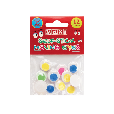 Рухливі оченята для декорування на клейкій основі кольорові, діаметр 15 мм, 12 шт, MX61724
