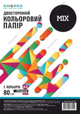 Папір кольоровий Knopka, Mix, A4, 80 г/м², 100 аркушів, 5 кольорів (1/24)